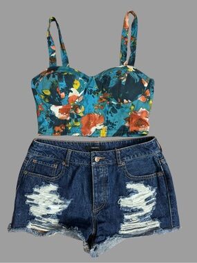 Super Cute Floral Bustier Crop Top - Teal Floral Size Small